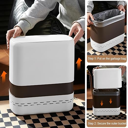 Sooyee Bathroom Trash Can with Lid, 2.4 Gallon Slim Trash Bin, Small Plastic Waste Basket, 10 L Narrow for Bedroom, Kitchen, Office, White