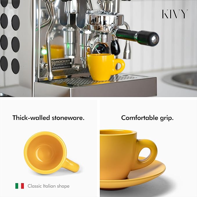 KIVY Espresso Cups Set of 4 [Set 4x 3oz]- Espresso Set Thick Walled Stoneware Espresso Cup Set - Italian Style Espresso Cups and Saucers - Espresso Mugs - Demitasse Cups and Saucers Sets - Yellow