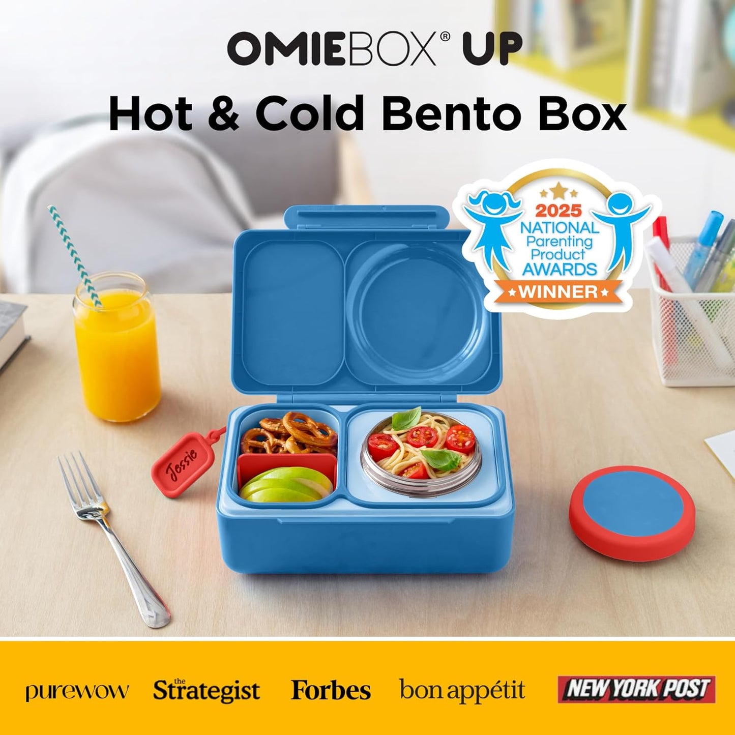 Omie OmieBox UP bento Box for Kids | Insulated Lunch Box | Leak Proof Vacuum Insulated Thermal Food jar | Cooler ice Pack | 2 Compartments (Cosmic Blue)