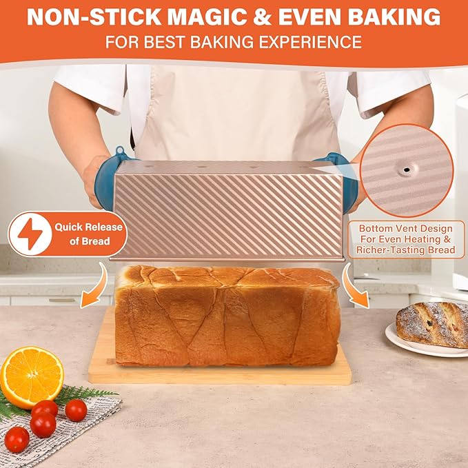 Pullman Loaf Pan with Lid 13x4 Inch, 2.2lb Dough Capacity for Homemade Bread, Non-stick Corrugated Carbon Steel Bread Toast Box with Cover for Bakeware, Sandwich & Toast Oven Baking, Gold