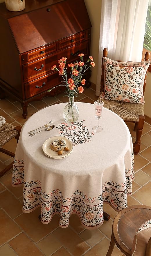 Floral Tablecloth for Round Tables,Linen Table Cloth with Double-Edged Lily Pattern,Heavy Durable Table Cover for Dining Thanksgiving Kitchen Decor Party Christmas,Diameter 67"