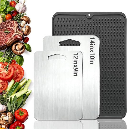 2mm Thicker Upgraded Anti-Slip 2pcs Cutting Boards,316 Food Grade Stainless Steel,Healthy Kitchen Cutting Board,With Anti-Slip Pad Perfect For Chefs,Campers,And Gifts,14.2x9.8in,11.8x9.1in