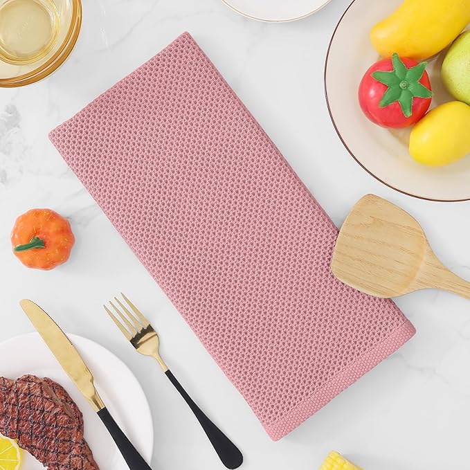 Homaxy 100% Cotton Waffle Weave Kitchen Dish Towels, Ultra Soft Absorbent Quick Drying Cleaning Towel, 13 x 28 Inches, 4-Pack, Dried Rose