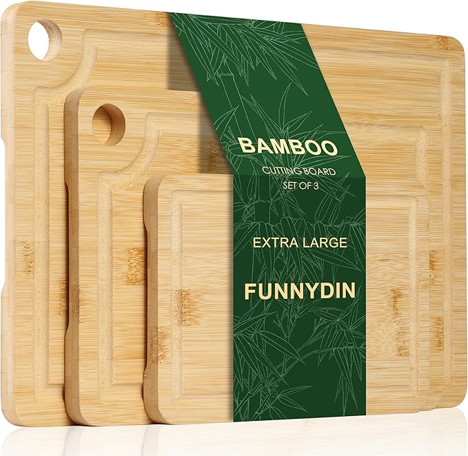 Bamboo Cutting Board Set of 3 - Durable Bamboo Cutting Boards with Deep Juice Grooves & Built-in Handles & Hanging Holes, Reversible Wooden Cutting Boards for Kitchen, Meat, Vegetables