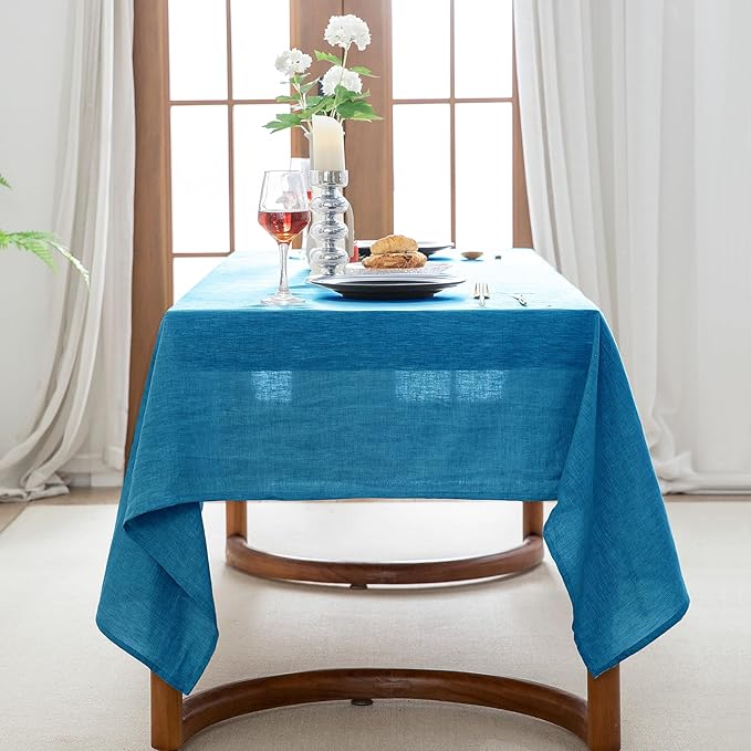 EVERLY 100% Pure Linen Rectangle Tablecloths 60x84Inches for Dining,Buffet Parties,Picnic,Events,Weddings and Restaurants,Decorative Halloween,Thanksgiving Machine Washable Tablecloths-Blue