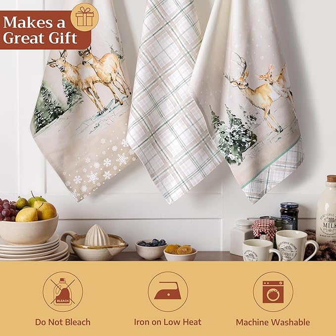 Maison d' Hermine Kitchen Towels Set of 3 100% Cotton 20" x 27.5" Reusable Cloth Tea Dish Towels Absorbent with Hanging Loop for Kitchen Dining Thanksgiving Christmas Decorations (Deer in The Woods)
