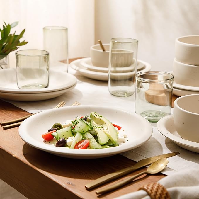 Bloomhouse - Two Time Oprah's Favorite Things Winner - Corsica Clay 12 Piece Stoneware Rustic Reactive Glaze Dinnerware Set - Stackable Plates and Bowls Set. Service for 4 - Matte Sea Salt White