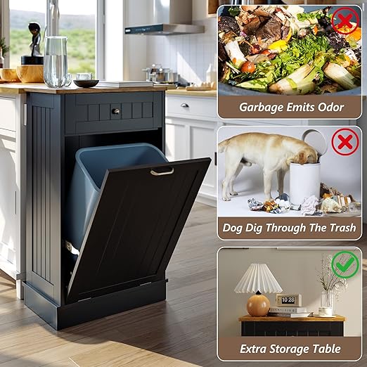Tilt Out Trash Bin Cabinet Dog Proof Trash Can Holder Kitchen Island Without Garbage Bin or Tilt Out Laundry Hamper (Black)