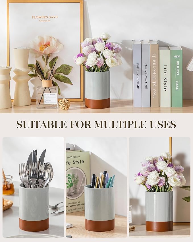 MALACASA Utensil Holder, 5.5" Ceramic Kitchen Utensil Holder for Countertop, Cooking Utensil Crock for Kitchen Counter, Farmhouse Utensil Organizer for Spatula & Spoon, Khaki Gray, Series TARA