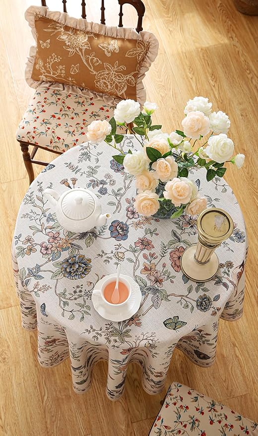 French Tablecloth for Round Tables,Linen Table Cloth with Flowers and Birds Pattern,Heavy Durable Table Cover for Dining Thanksgiving Kitchen Decor Party Christmas,Diameter 55"