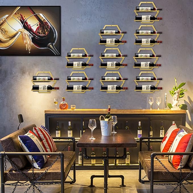 Wall Mounted Wine Bottle Rack, Gold Metal Hanging Wine Display Holder Organizer, Red Wine Racks for Home Kitchen Bar Decor Storage