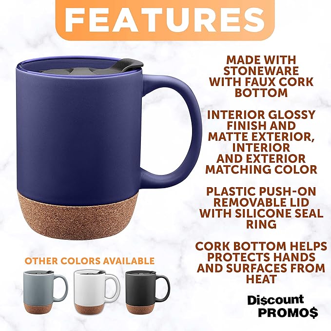 DISCOUNT PROMOS Barista Ceramic Mugs with Cork Bottom 13 oz. Set of 12, Bulk Pack - Perfect for Coffee, Tea, Espresso, Hot Cocoa, Other Beverages - Blue