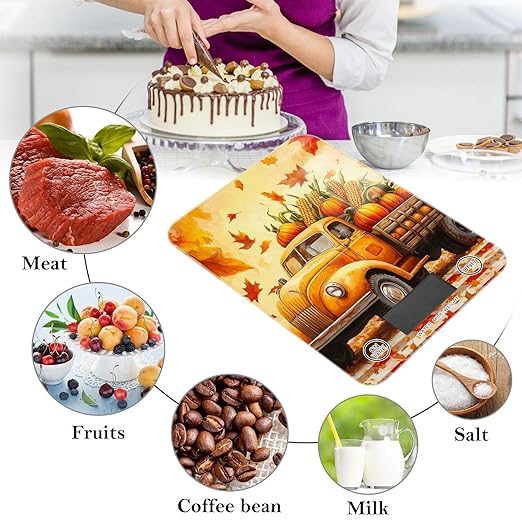 Fall Thanksgiving Pumpkin Truck Food Scale Kitchen Digital Scale Food Ounces and Grams Dieting Baking Cooking Waterproof Glass Panels LCD Display,4 Units Tare Function