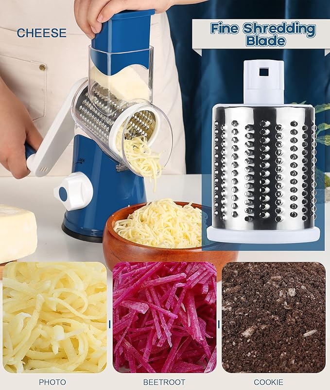 Ourokhome Rotary Cheese Grater Hand Crank, Kitchen Shredder Speed Mandolin Slicer Nut Grinder with Handle and Drum Blades for Cheese, Vegetable, Walnut, Chocolate, Potato, Carrot, 3 Blades, Dark Blue