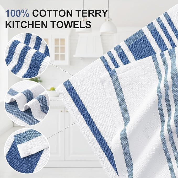 Homaxy Premium Kitchen Towels 18”x 28”, Large Cotton 380 GSM Kitchen Hand Towels, Stripe and Terry Dish Towel, Highly Absorbent Tea Towel Set with Hanging Loop, 8 Pack, Navy Blue