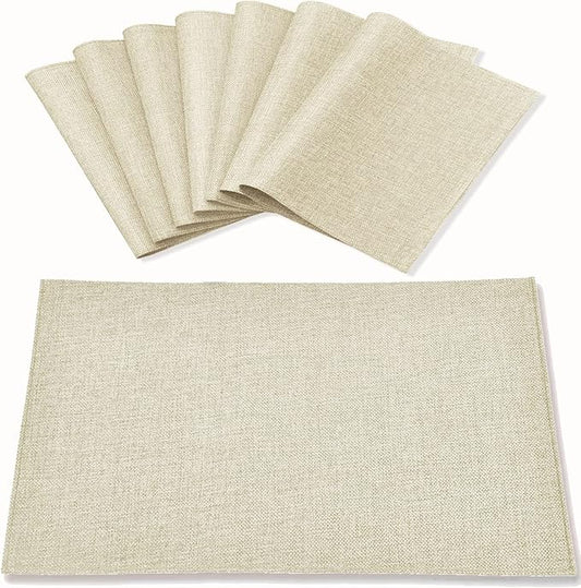 Linen Type Fabric Placemats Set of 8, Machine Washable, Heat Resistant, Wrinkle Free Thick Polyester Kitchen Place Mats for Dining Table (Beige)