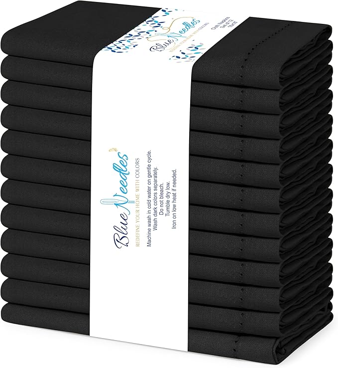 Blue Needles Set of 12 Hemstitch Linen Napkins 100% Cotton Black Cloth Dinner Napkins 18x18 inches, Soft, Reusable, Absorbent, Washable, Ideal for Fall Thanksgiving Events, Parties & Everyday Use