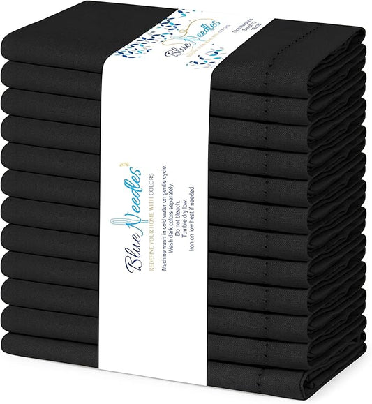 Blue Needles Set of 12 Hemstitch Linen Napkins 100% Cotton Black Cloth Dinner Napkins 18x18 inches, Soft, Reusable, Absorbent, Washable, Ideal for Fall Thanksgiving Events, Parties & Everyday Use