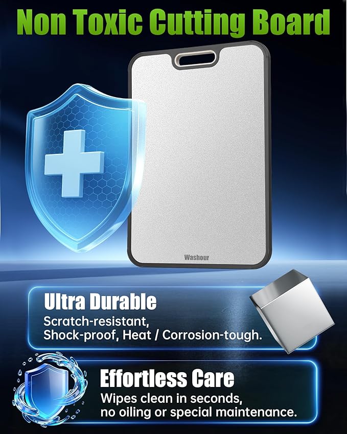 Stainless Steel Cutting Boards for Kitchen, Non Toxic Double Sided Cutting Board, 2-in-1 Wheat Straw PP, Large Chopping Board for Meat and Fruit, Non-Slip, Gifts for Housewarming 16”×11”