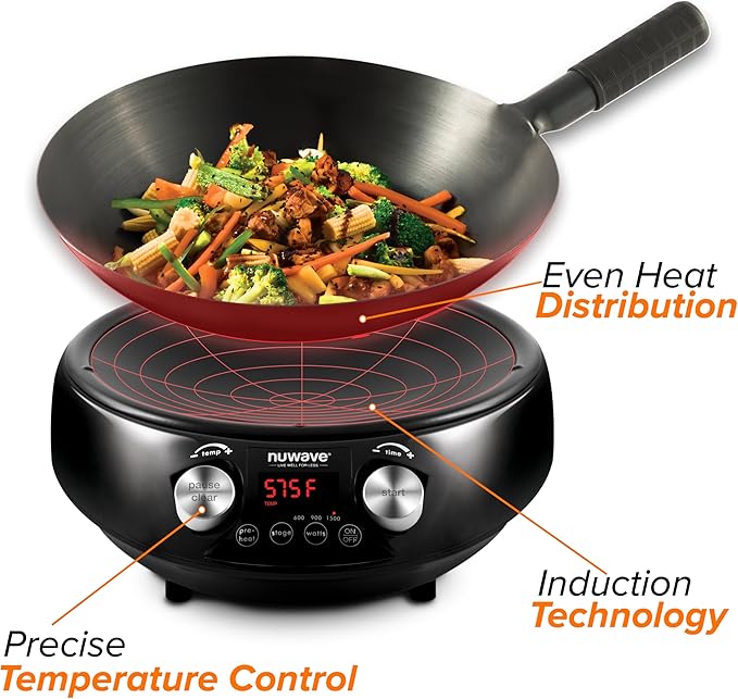 Nuwave Mosaic Induction Wok, Precise Temp Controls from 100°F to 575°F in 5°F, Wok Hei, Infuse Complex Charred Aroma & Flavor, 3 Watts 600,900 & 1500, Authentic 14-inch Carbon Steel Wok Included,Black