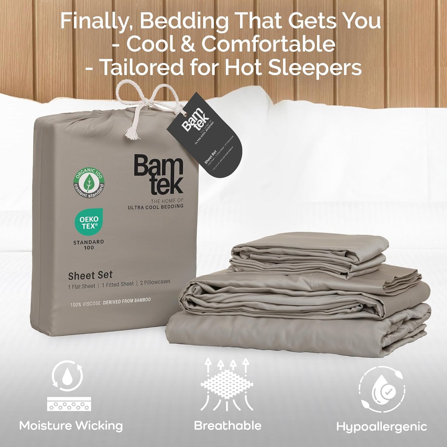 100% Viscose from Bamboo Sheets King Size, Super Soft Bedding Set, 4PC Cooling Sheets for Hot Sleepers, Vegan Silk Moisture Wicking, Organically Grown Bedsheet, Sand -76" x 80"