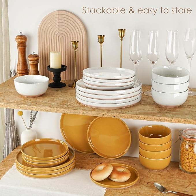 12 Pieces Farmhouse Stoneware Dinnerware Sets, Speckled Ceramic Plates and Bowls Set, Matte Terracotta Underside Ceramic Dishes Set for 4, Scratch Resistant Microwave & Dishwasher Safe (Daylight)