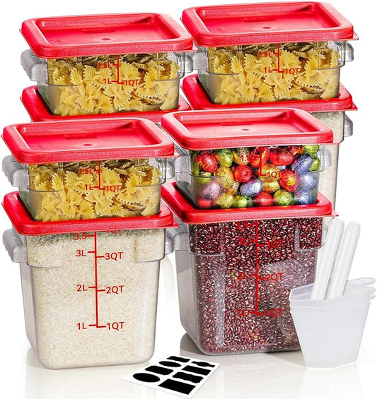2QT4QT NSF Food Storage Containers: 8 PCS [Food Grade][Hot&Cold Resistant] Commercial Clear Square Food Storage Containers with Scales Handles for Home Restaurant Kitchen Proof Dough (Red)