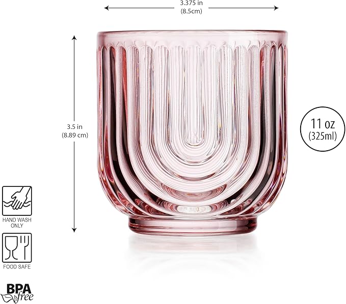 Glaver's Double Old Fashioned Rock Glasses, Set of 4 Blush Pink Whiskey Glasses, 11 oz Art Deco U-Shape Design Embossed Everyday Home Bar Glassware.