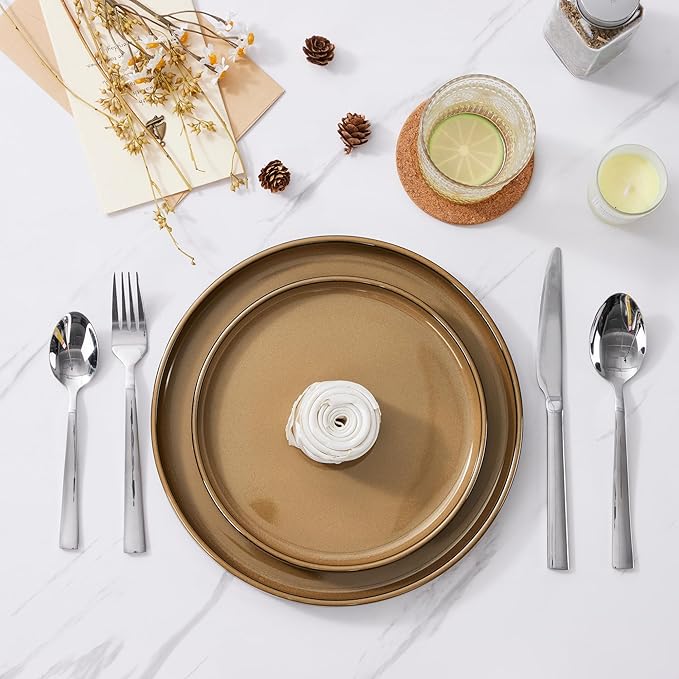 LIANYU Dinnerware Plates and Bowls Sets for 4, 12 Piece Modern Stoneware Dishes Set, Elegant Ceramic Dining Dishware for Dinner, Rustic Terracotta Bottom, Microwave & Dishwasher Safe, Amber Gold