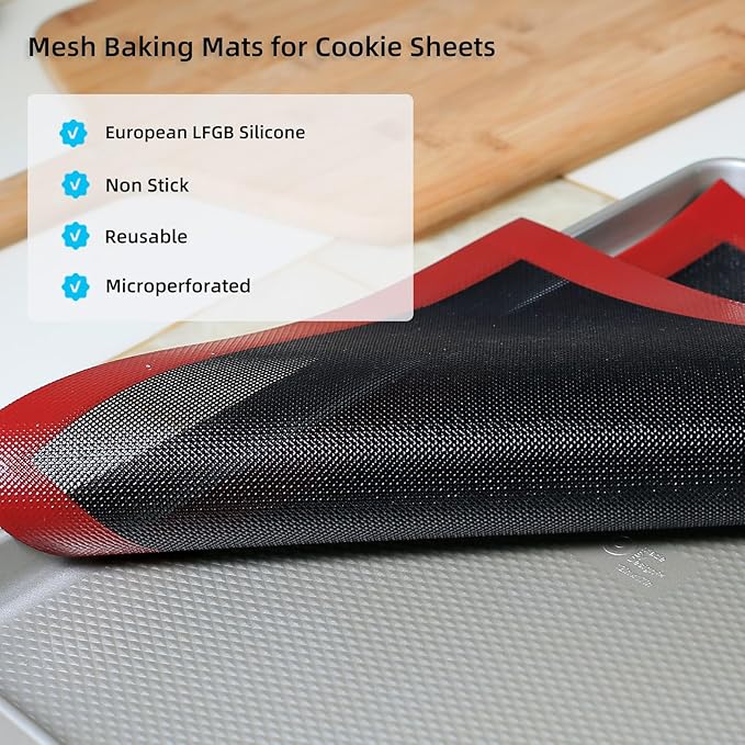 Silicone Baking Mat with Microperforated, 2 PCS Perforated Baking Mats/Oven Liners for 13" x 18" Half Sheet Pan, Reusable Air Mesh Silicone Mat for Cookie/Eclair/Bread/Pizza/Pastry