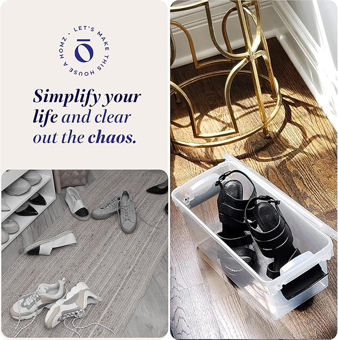 HOMZ 5-Pack Latching Lid, Clear Plastic Storage Organizer Bins, 7.5 Quart, Gray Latch - Stackable Organizing Containers for Home, Garage, and Office