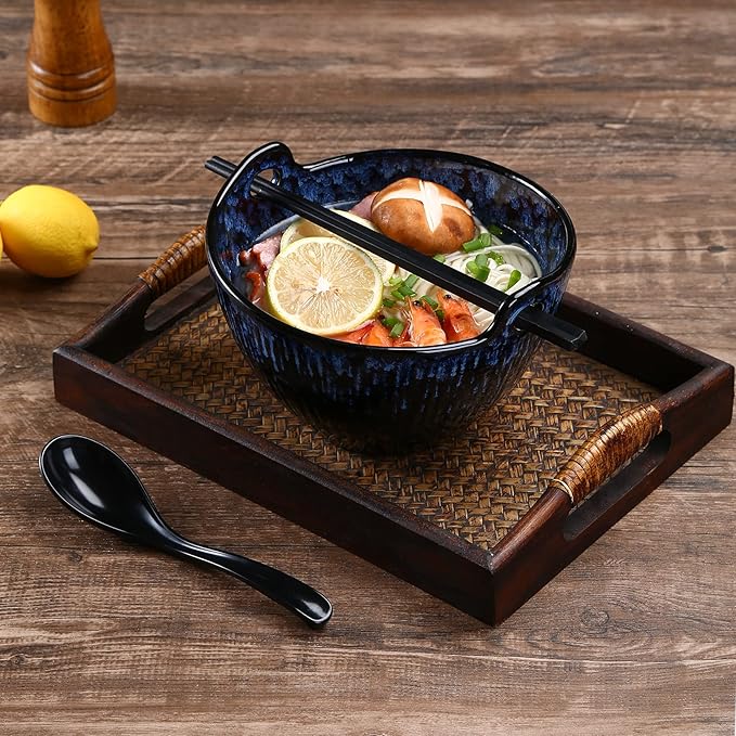 Ramen Bowl with Chopsticks and Spoons Set, 7 Inch Ceramic Noodle Bowl Set of 2, Dishwasher Safe for Pho Udon Soba Noodle Salad Pasta, Special Reactive Glazed Navy Bowls Set