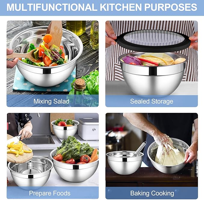 LIANYU Stainless Steel Mixing Bowls Sets of 6, Large 7, 3.5, 2.5, 2, 1.5, 1QT Size with Transparent Airtight Lids, Metal Nesting Serving Bowl Sets for Home Kitchen, Dishwasher & Freezer Safe, Black