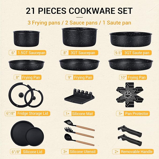 Ammeloo 21 Pcs Pots and Pans Set Non Stick, Ceramic Kitchen Cookware Set with Detachable Handle, Non Toxic Cooking Set for Kitchen, RV, Camping and Fridge, Induction Ready, Dishwasher/Oven Safe, Black