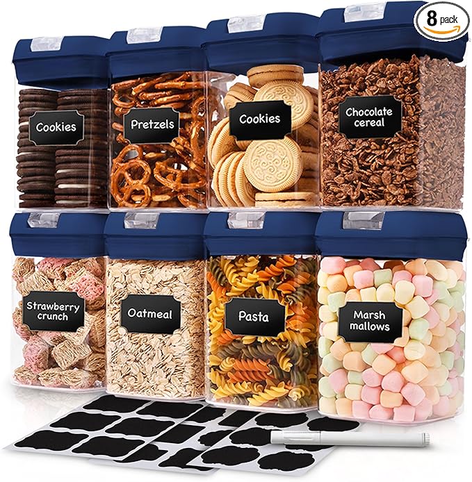 Cheer Collection Airtight Food Storage Containers, Kitchen Storage Containers for Pantry, Set of 8 Food Containers with Lids Airtight, Pantry Storage Containers & Organizers with Lids, Navy Blue