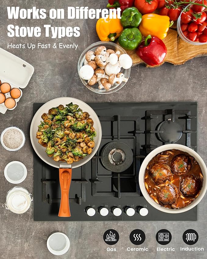 22-Piece Non-Stick Pots and Pans Set, Ceramic Cookware Set with PFAS-Free, Stackable & Detachable Handles, Orange