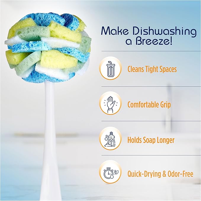 Compac Home Dish Wand Plus Cello, Foam & Scour Sponge Petals Brush and Clean Dishes, Pots, Bottles, & Glassware, 2 Count