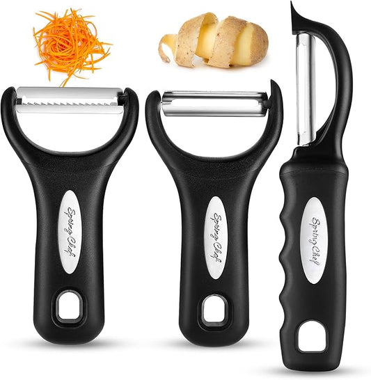 Spring Chef Stainless Steel Swivel, Y & Julienne Vegetable Peelers for Kitchen, Potato Peelers with Soft Grip Handles, Kitchen Utensils Set of 3 for Fruits, Veggies, Apple, Carrot, Cucumber - Black