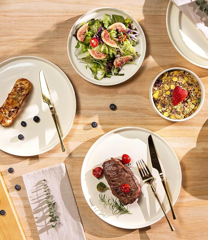 TheTerra Ceramic Dinnerware Sets for 8, 24 Pieces Porcelain Lightweight Plates and Bowls Sets, Scratch Resistant Dish Set, Oven & Microwave & Dishwasher Safe, Beige