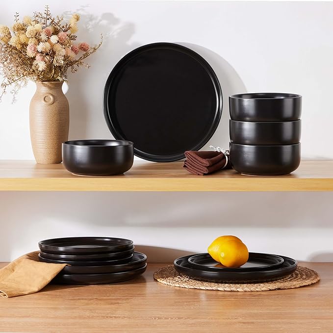 Herogo 18 Pieces Stoneware Dinnerware Set Service for 6, Dinner Plates and Bowls Sets, Double Reactive Glaze Dishes Set for Kitchen, Scratch Resistant, Microwave & Dishwasher Safe, Matte Black