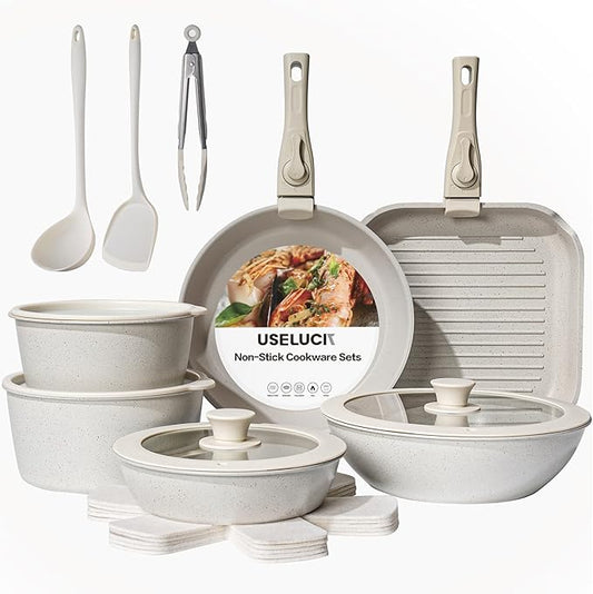 20 Pcs Pots and Pans Set Non Stick, Stackable Cookware Sets with Detachable Handle, Granite Induction RV Kitchen Portable Cooking Set Removable Handles, Dishwasher ＆ Oven Safe, Cream White