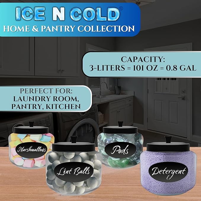 Kitchen and Laundry Storage Glass Jar – Wide Mouth Round Glass Storage Container with Black Steel Lid and Chalkboard Label - 2 Sticks of Chalk Included (6, 3L | 101oz | 0.8 Gallon)
