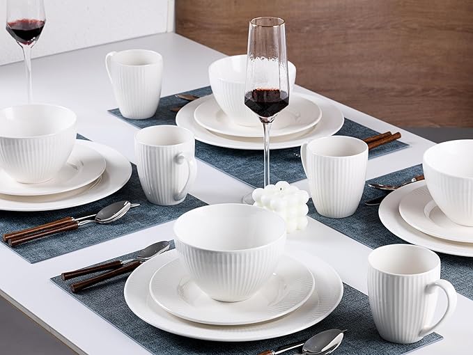 16 Pcs White Dinnerware Sets for 4, Ceramic Plates and Bowls Sets with Mugs, Dishwasher and Microwave Safe - Embossed Stripe Decro, Elegant Kitchen Dish Sets, QOMO-1996