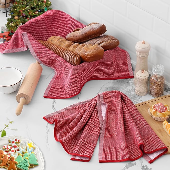 Homaxy Premium Kitchen Towels(18”x 28”, 6 Pack), Large Cotton Kitchen Hand Towels, Flat and Terry Dish Towels, 380 GSM Highly Absorbent Tea Towel Set with Hanging Loop, Red