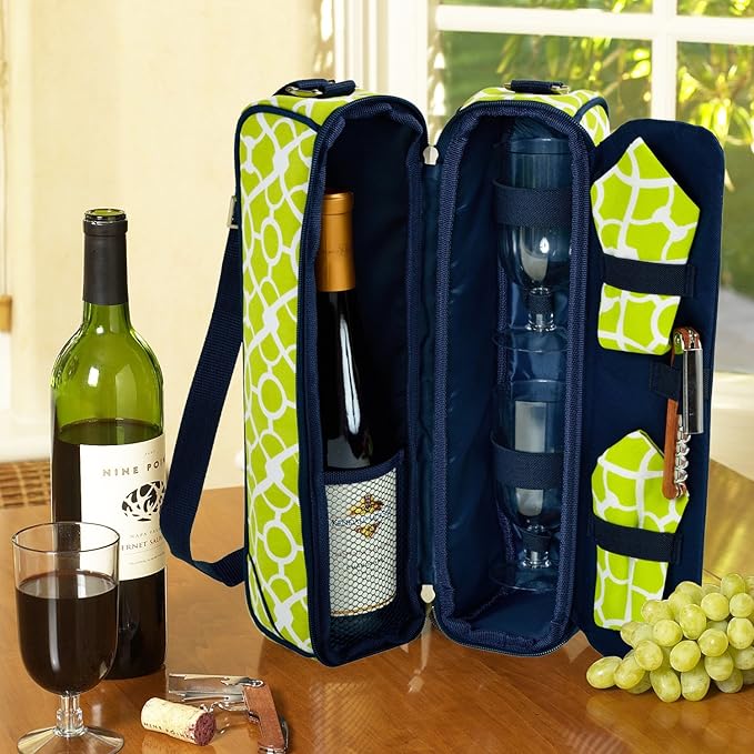 Picnic at Ascot - Deluxe Insulated Wine Tote with 2 Wine Glasses, Napkins and Corkscrew - Trellis Green