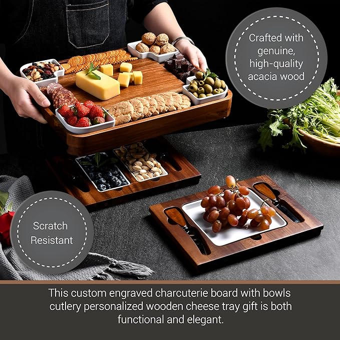 Shanik Upgraded Acacia Cheese Board Set, Square Shaped Charcuterie Set, Cheese Platter, Handcrafted Design and Stainless Steel Cutlery Set - Gift for Any Occasion with Engraving