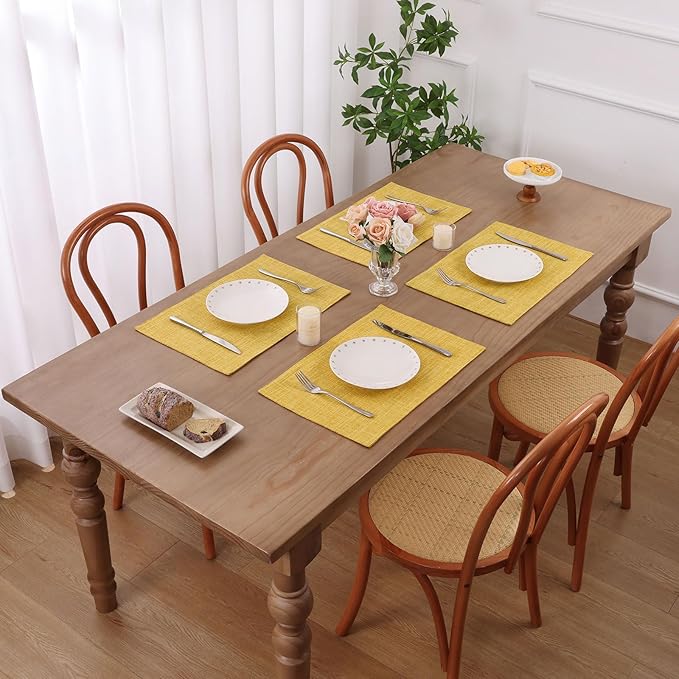 SHACOS Woven Fabric Placemats Set of 4 Heat Resistant Place Mats Non Slip Washable Double Layer Cloth Placemats Reversible Table Mats Kitchen Dining Table Decor (4, Yellow)