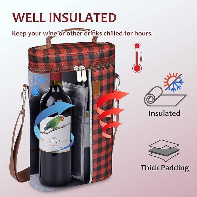 Tirrinia 2 Bottle Wine Gift Tote Carrier - Leakproof & Insulated Padded Versatile Cooler Bag for Travel, BYOB Restaurant, Tasting, Party, Dinner - Gift for Lovers, Red Checker