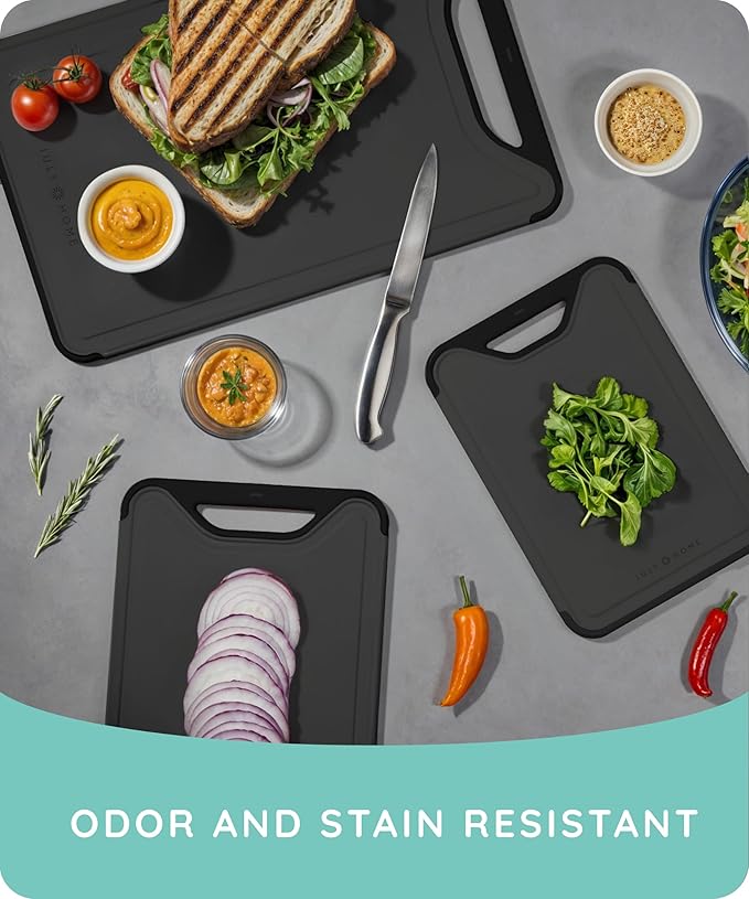 Cutting Boards for Kitchen, Plastic Cutting Board Set of 3, Dishwasher Safe Cutting Boards with Juice Grooves for Meat, Veggies, Fruits, Easy Grip Handle, Non-Slip (Black/Gray)