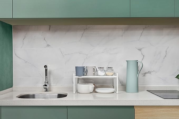 2Pack Kitchen Cabinet Shelf Counter Organizer Rack Pantry Storage Bathroom Bedroom Office Table Desk Space Saving Stackable Rust Resistant Non Slip White Wide L16.1in W10.6in H7.3in